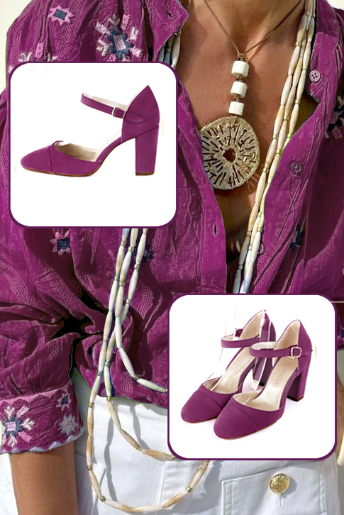 Women's mulberry purple elegant closed-back heels, with an instep strap. Round toe. High block heels - Worn view